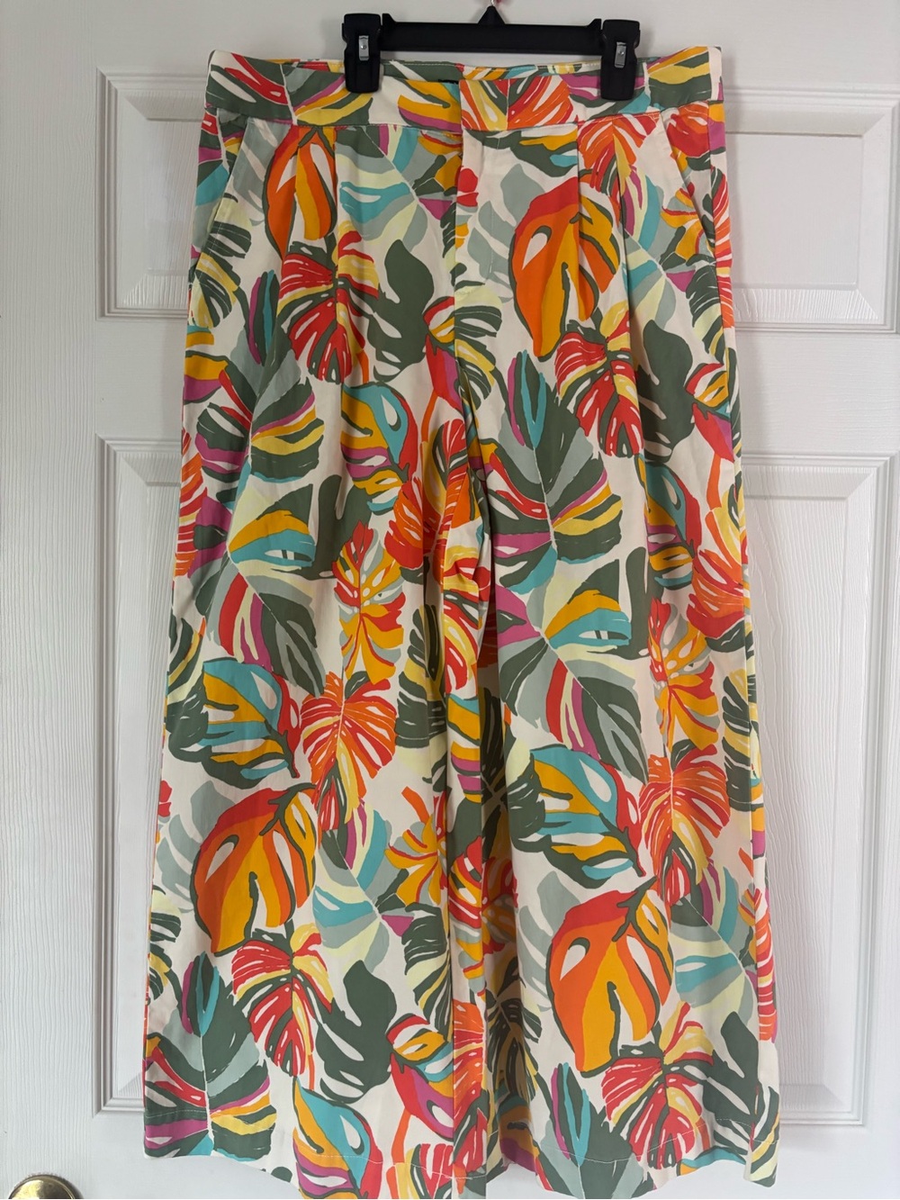 IMAN Cream Tropical Leaf Print A-Line Skirt with Orange, Pink & Teal Accents